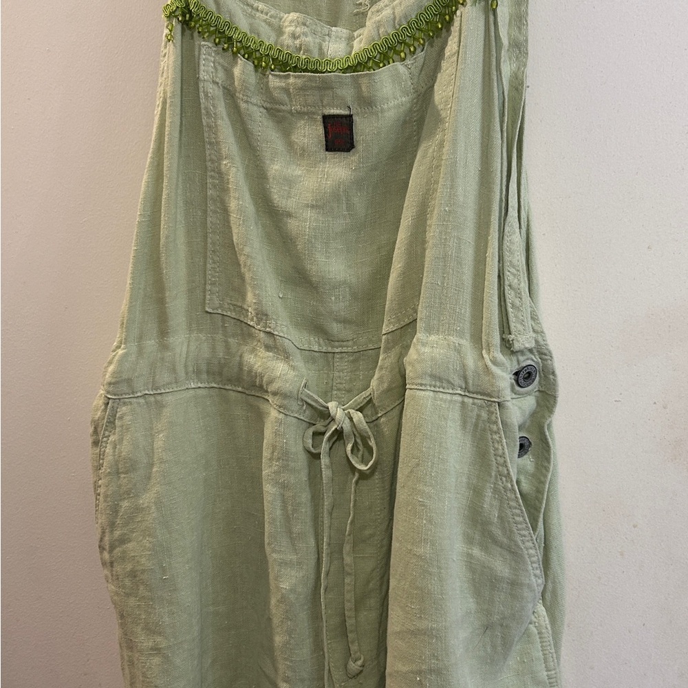 Mint Green short bib overalls with Button Details. side pockets & 2 hip pickets